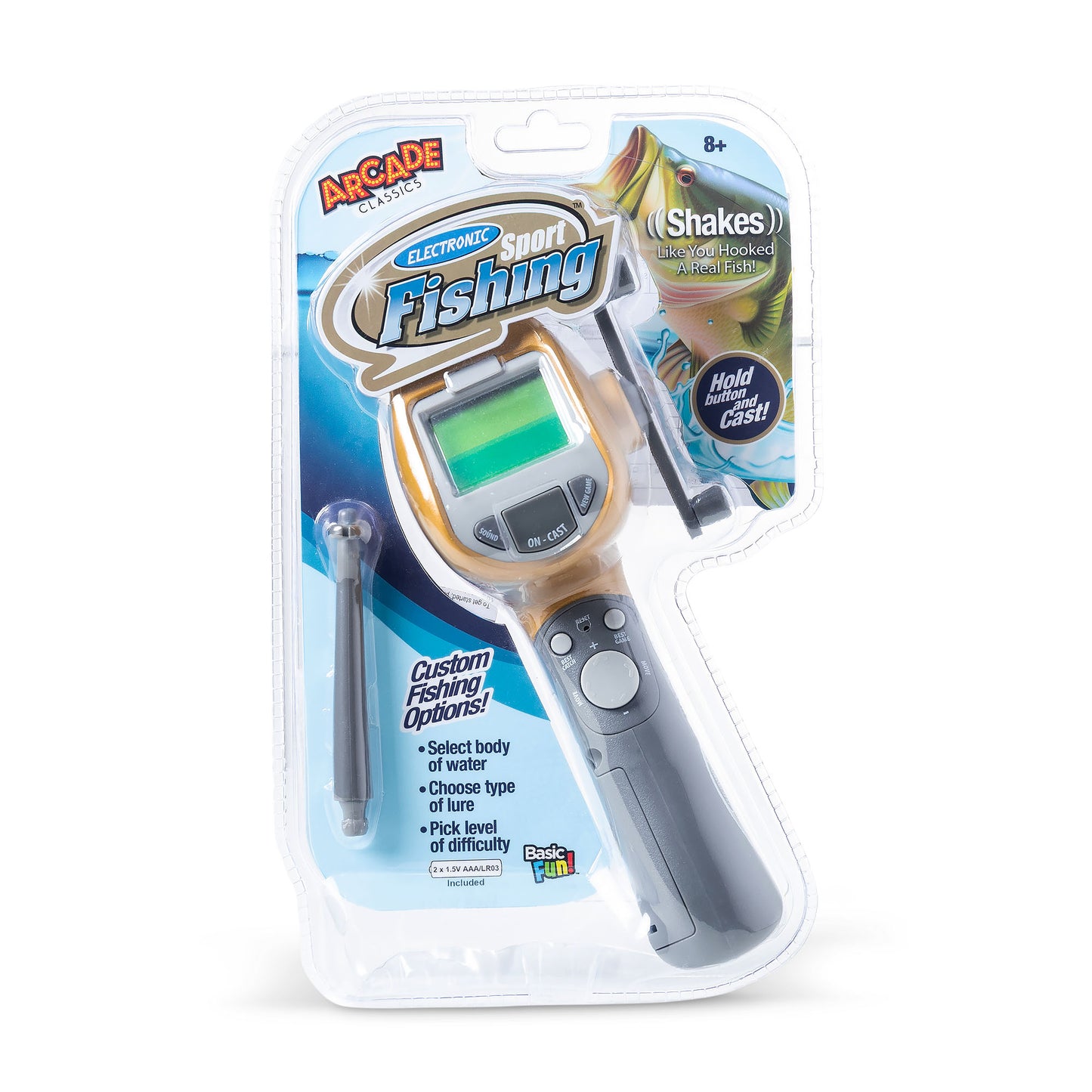 Basic Fun Mini Sport Fishing Arcade Game - Retro Handheld with Joystick, Sound FX & Colour Screen