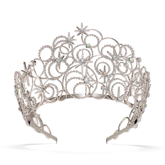 Silver tiara with intricate design and embedded stones on a white background